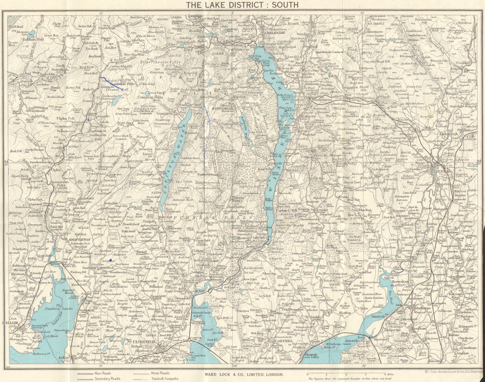 LAKE DISTRICT SOUTH Ambleside Ulverston Windermere Kendal Cumbria c1961 map